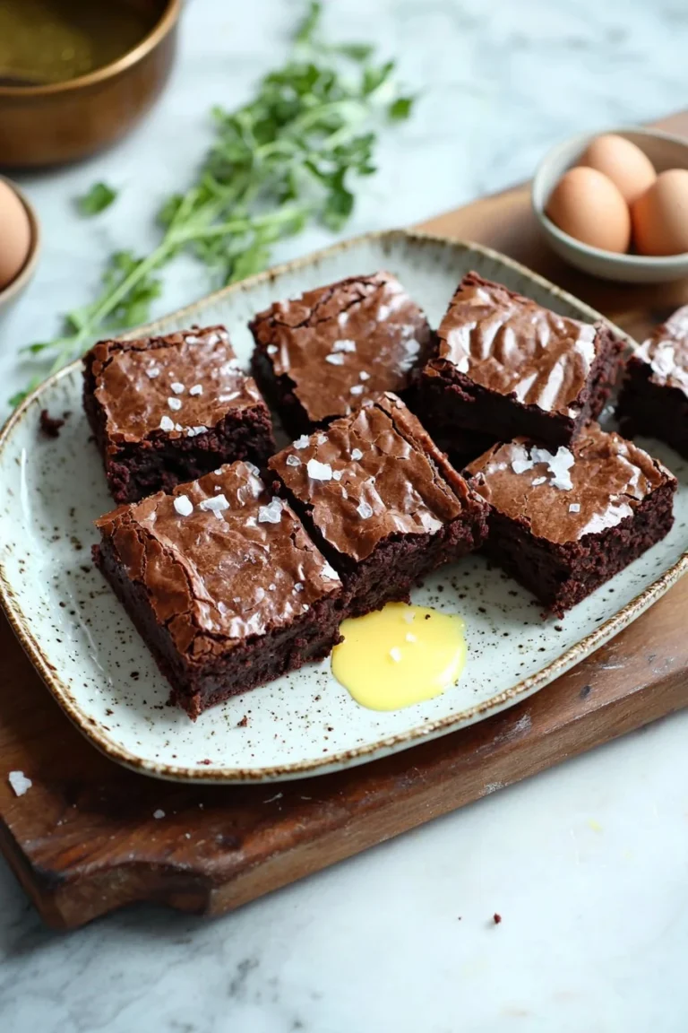 Einfaches Rezept für fudgy Brownies auf einem Teller serviert.