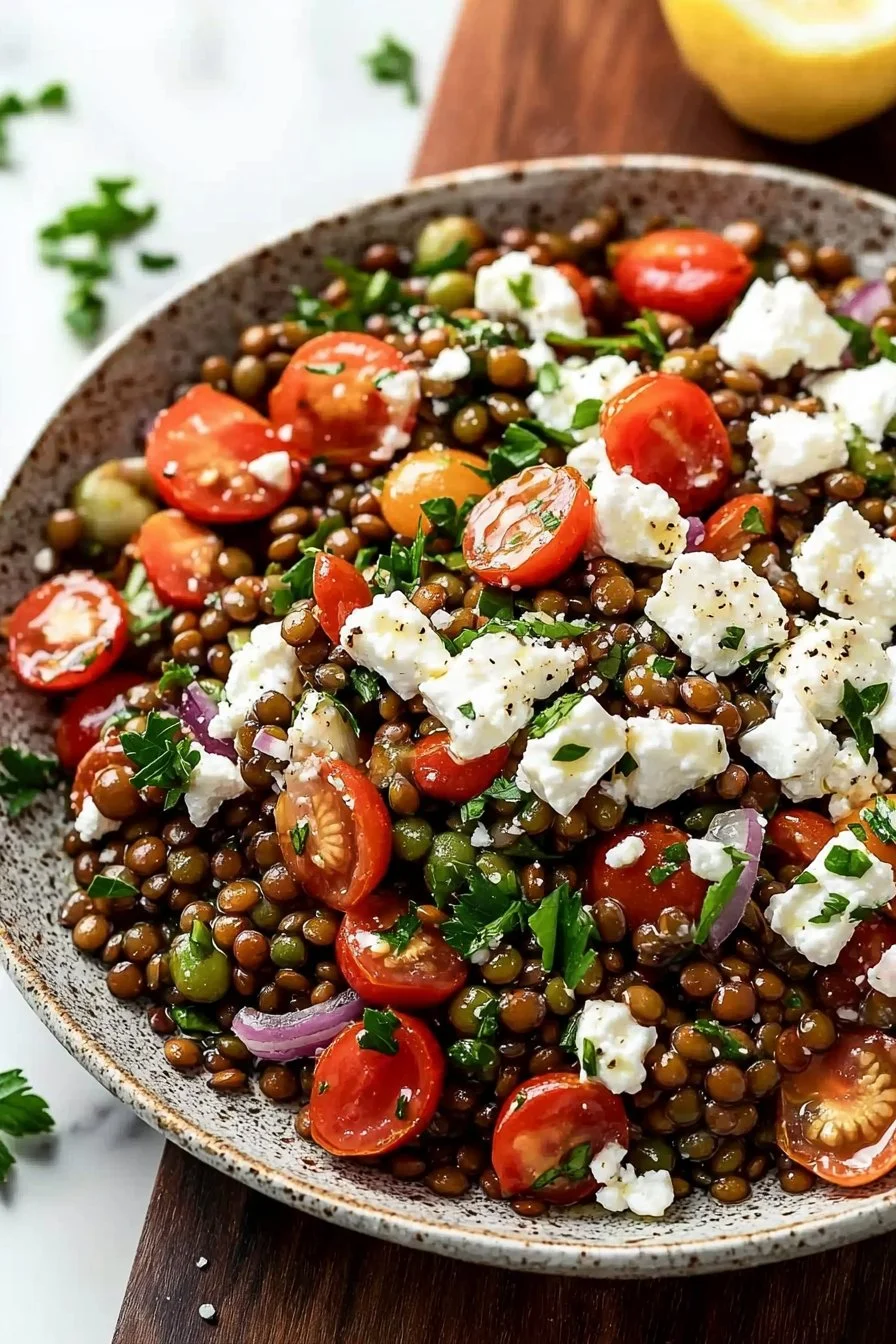 Einfache und gesunde griechische Linsensalat mit frischen Zutaten