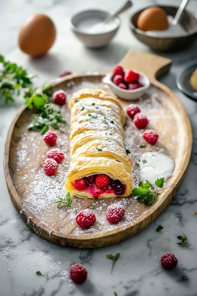 Leckeres Himbeer-Blätterteig-Danish auf einem Teller, verziert mit frischen Himbeeren.