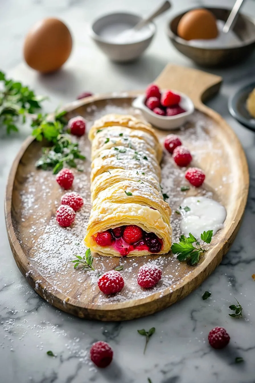 Leckeres Himbeer-Blätterteig-Danish auf einem Teller, verziert mit frischen Himbeeren.