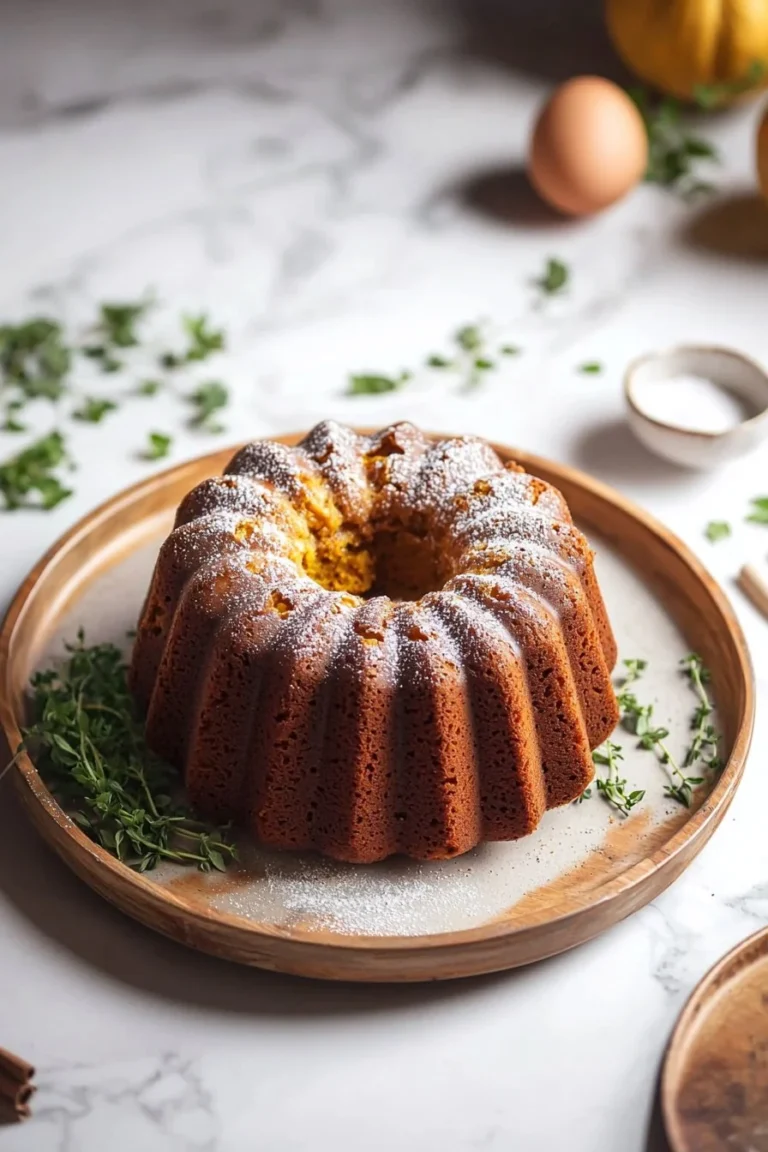 Einfache Kürbis-Bundt-Torte auf einem weißen Teller