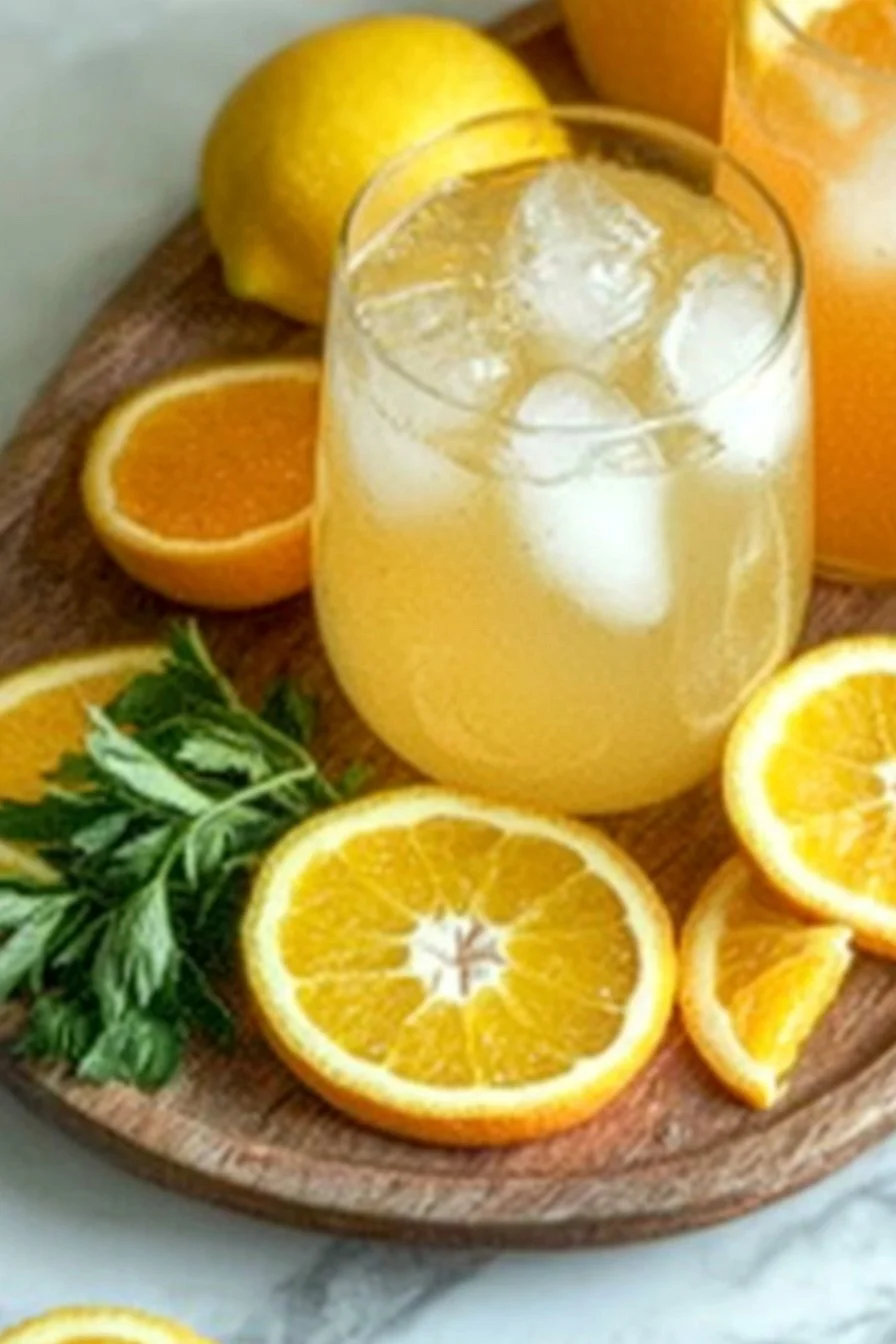 Erfrischende orange Limonade in einem Glas mit Eiswürfeln und Orangenscheiben