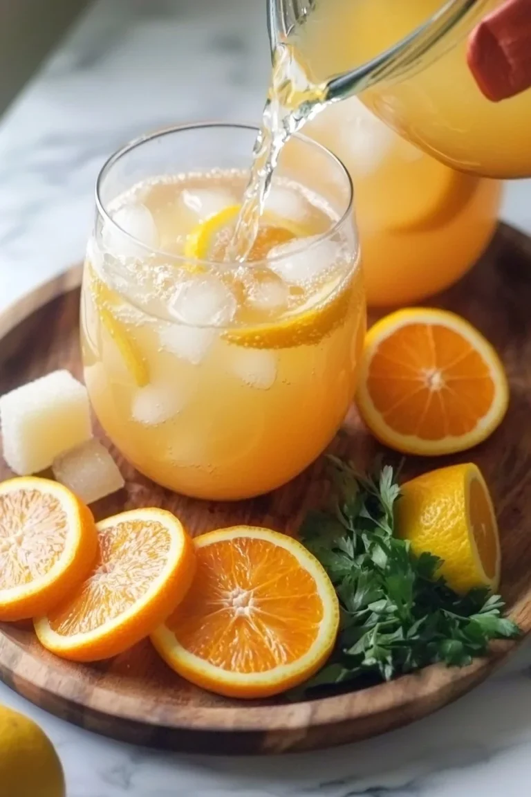 Ein Glas frische Orange-Limonade auf einem Tisch mit Eiswürfeln und Fruchtstücken.