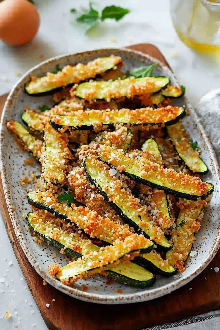 Krosse Parmesan Zucchini Pommes auf einem Teller serviert