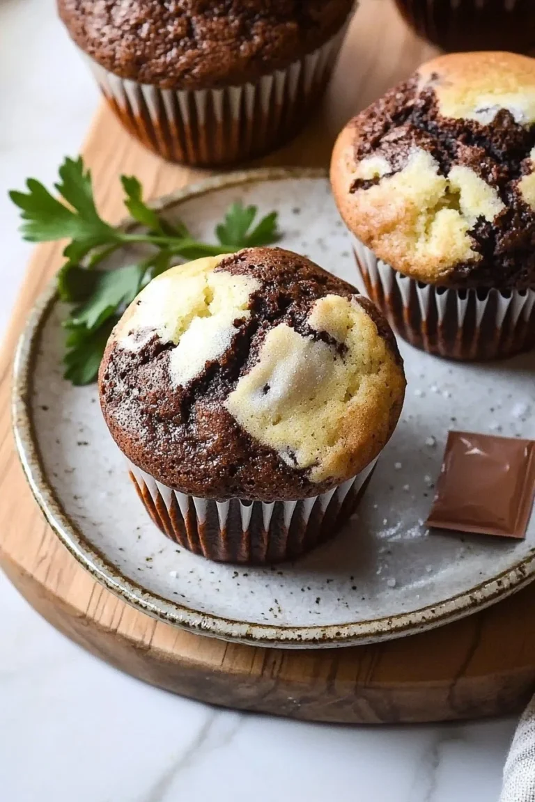 Leckere Marmor Muffins auf einem Teller, perfekt für das Kaffeekränzchen.