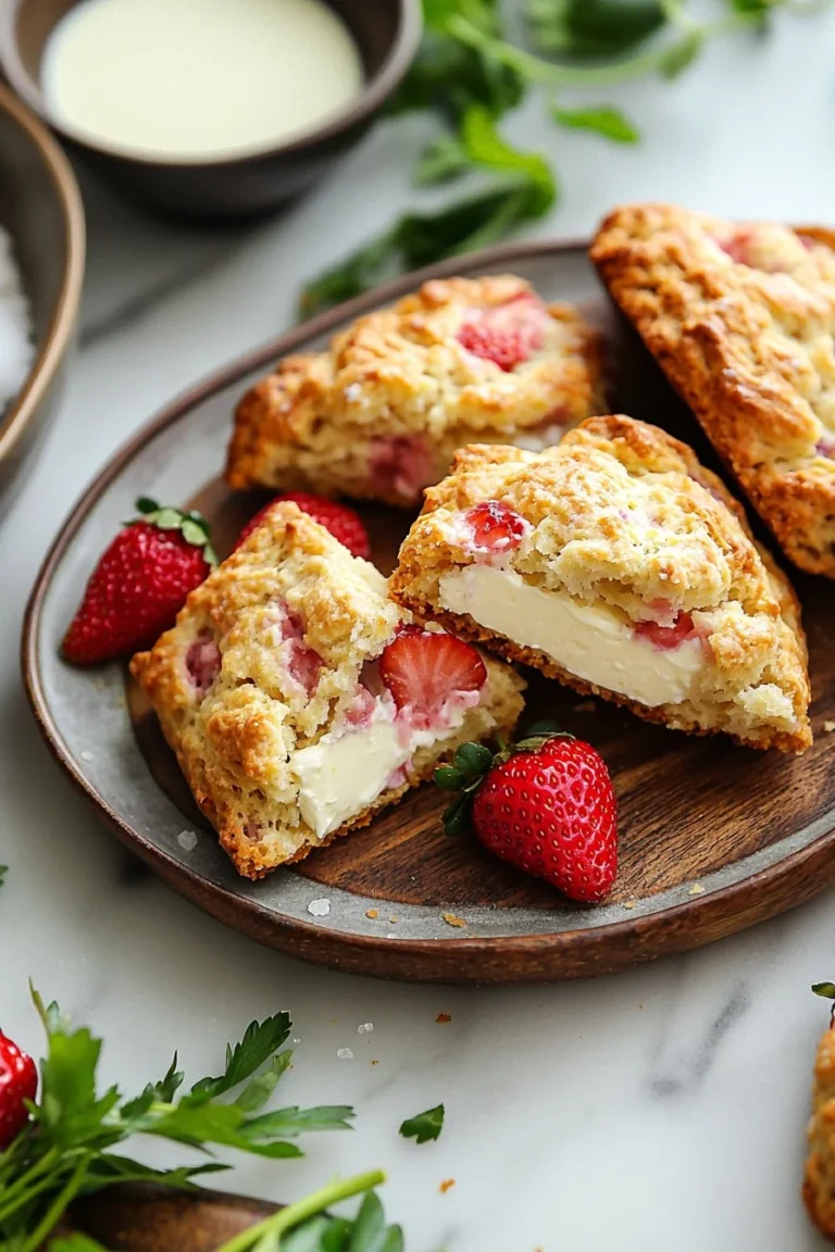 Leckere Erdbeer Creme Käse Scones auf einem Teller serviert