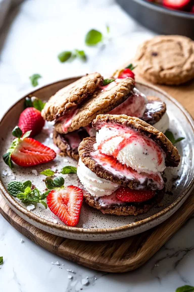 Erdbeer-Eis-Sandwiches auf einem Teller, dekoriert mit frischen Erdbeeren