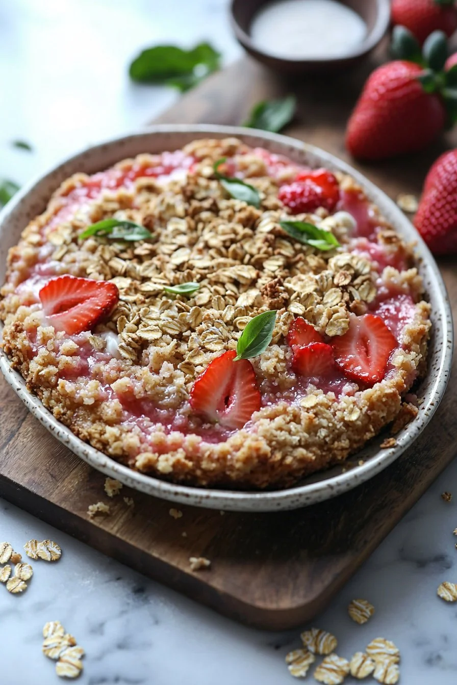 Erdbeer-Joghurt-Crumble-Kuchen mit frischen Erdbeeren und knusprigem Crumble.