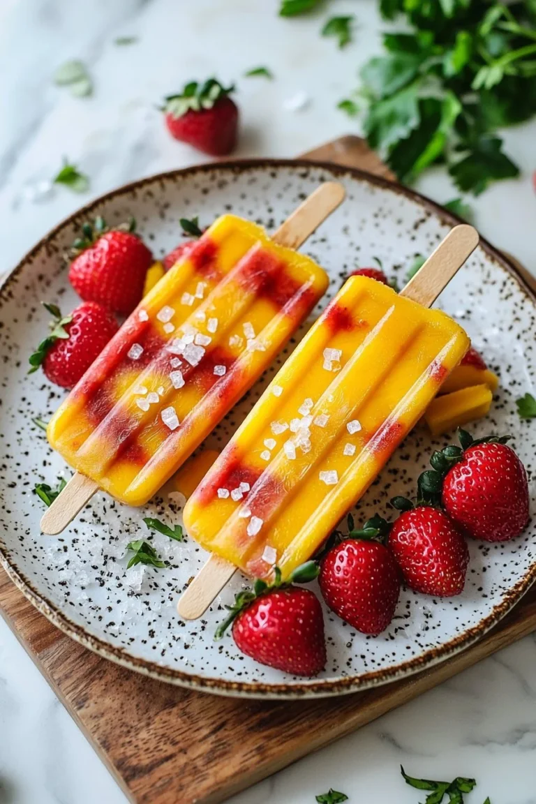 Erdbeer-Mango-Eis am Stiel in einer bunten Umgebung