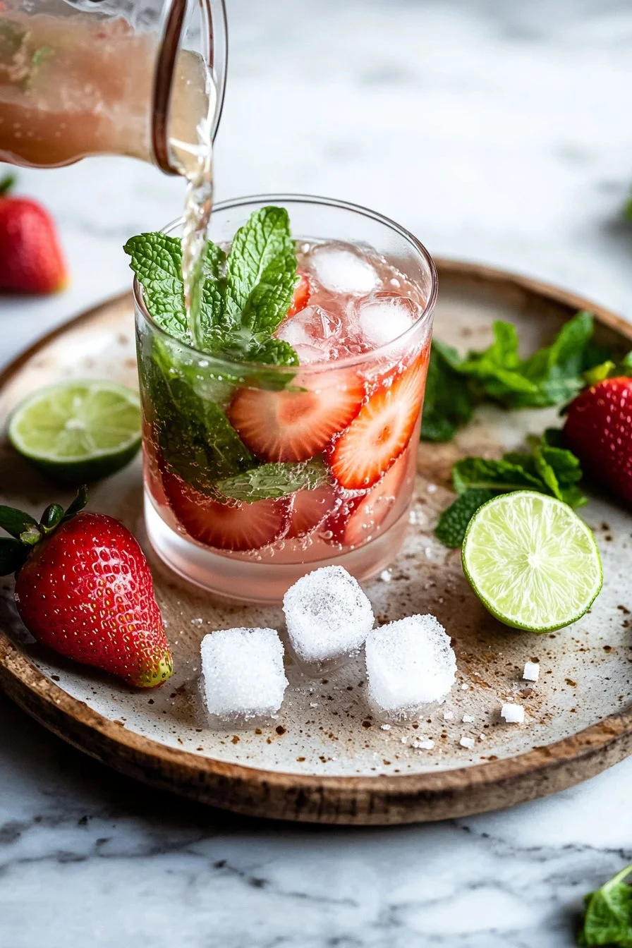 Erfrischender Erdbeer-Minz-Mocktail in einem Glas mit frischen Erdbeeren und Minzblättern