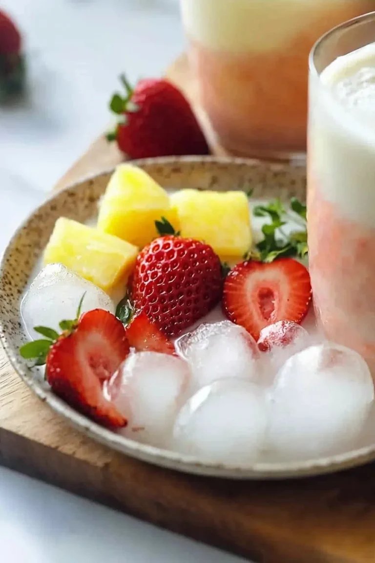 Erfrischender Erdbeer Piña Colada in einem Glas mit Erdbeeren und Kokosnuss.