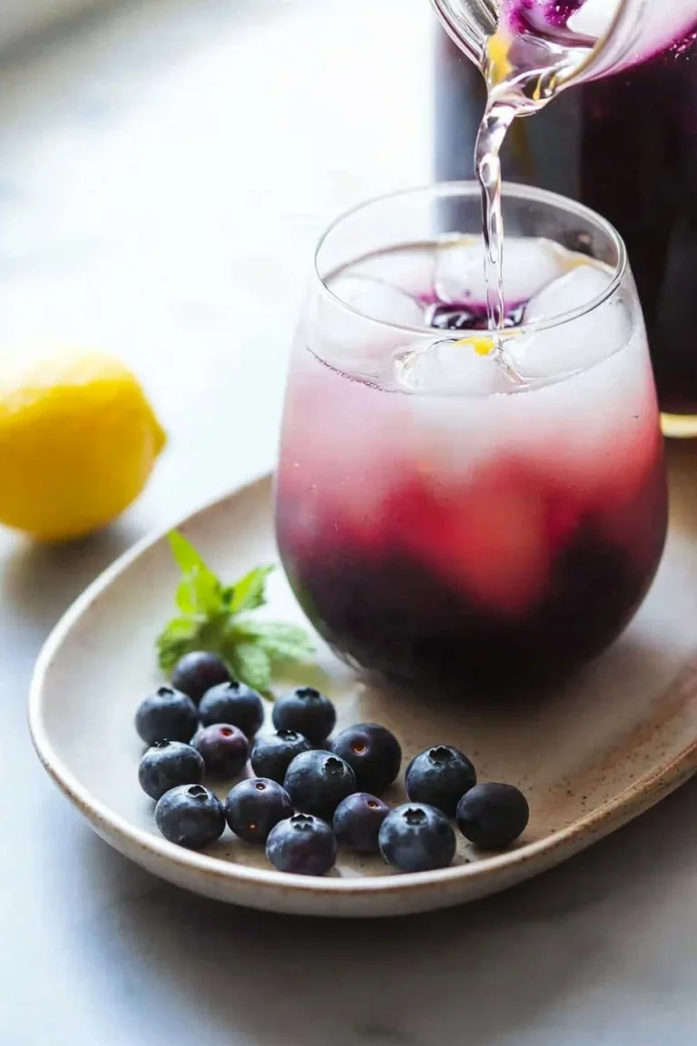 Erfrischende hausgemachte Blaubeer-Limonade in einem Glas mit frischen Blaubeeren.