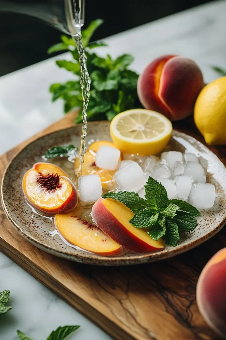 Erfrischendes Pfirsich-Eisgetränk in einem Glas mit frischen Pfirsichen