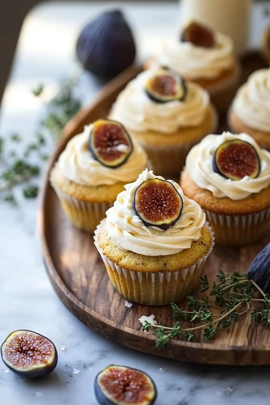 Feigen Cupcakes mit Honig-Frischkäsefrosting auf einem eleganten Teller.