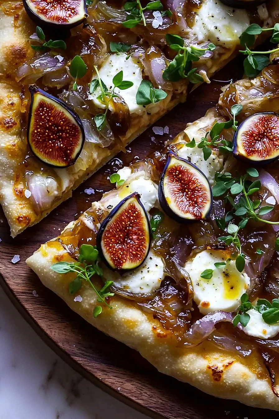 Karamellisierte Zwiebelpizza mit Feigen auf einem rustikalen Holzbrett