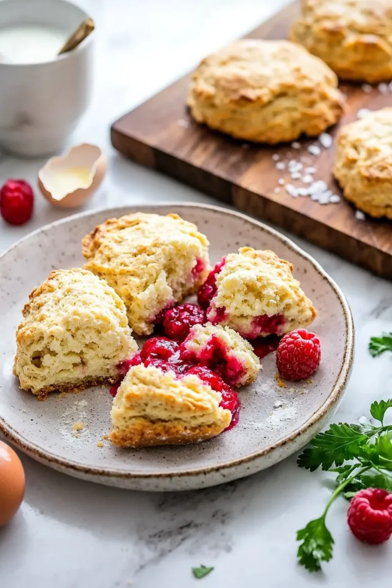 Frisch gebackene, flaumige Himbeer-Scones auf einem weißen Teller