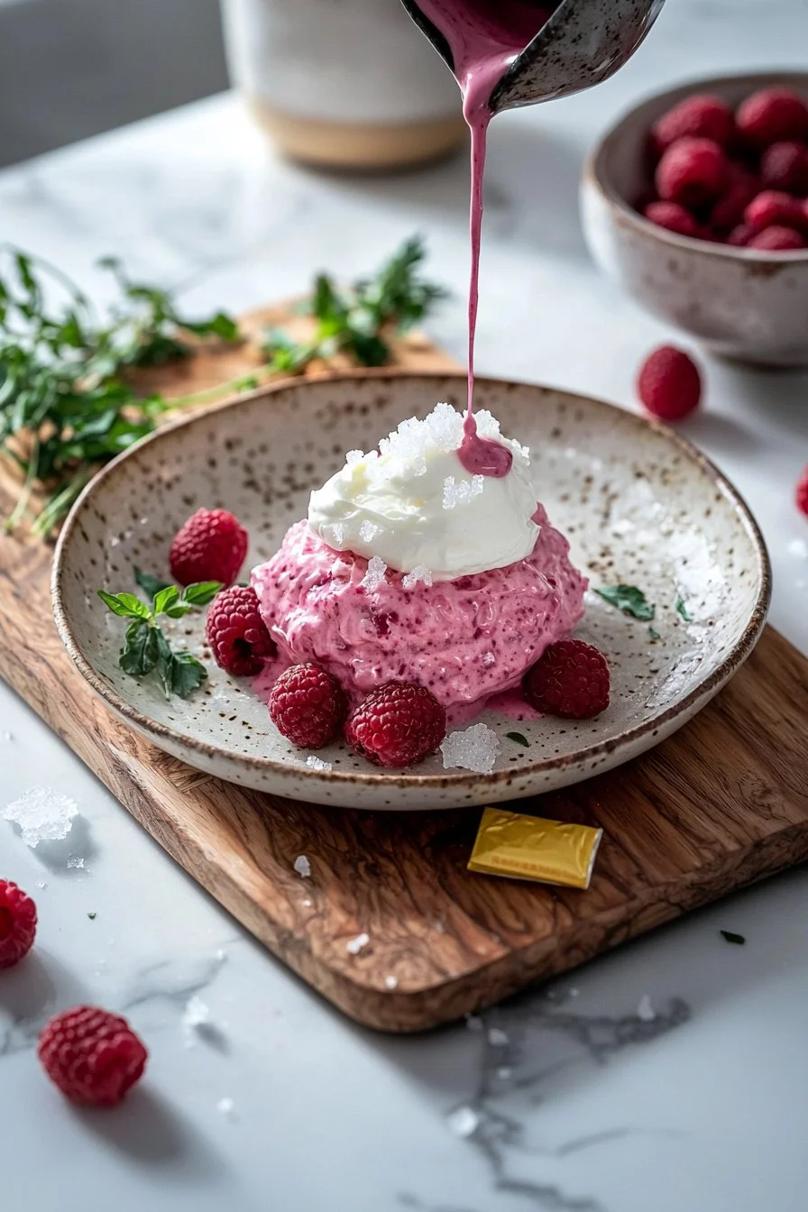 Fluffige Himbeer-Mousse, ein leichtes und köstliches Dessert mit frischen Himbeeren.