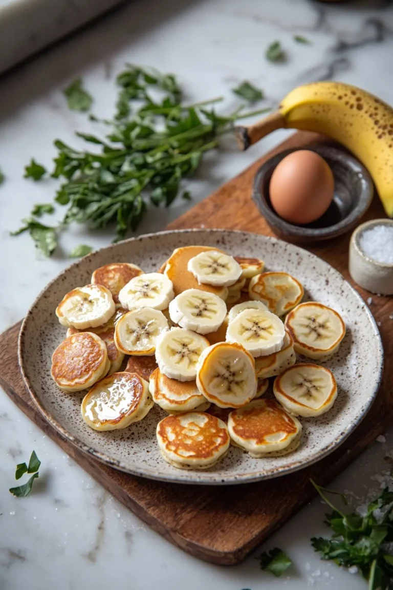 Fluffige Mini-Bananen-Pfannkuchen auf einem Teller serviert