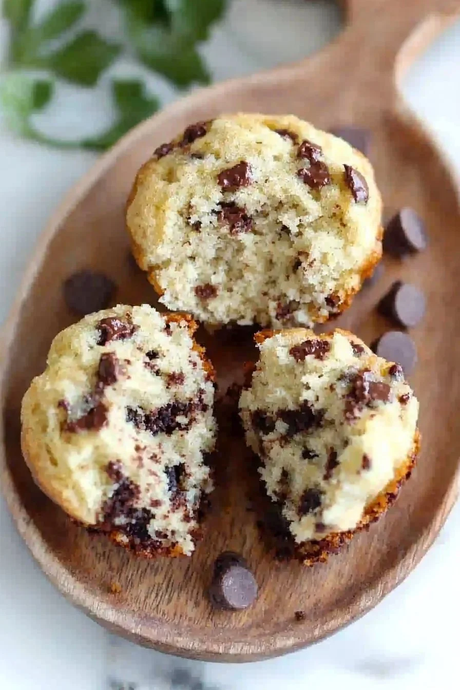 Fluffige Schokoladenstückchen-Muffins auf einem Holztablett