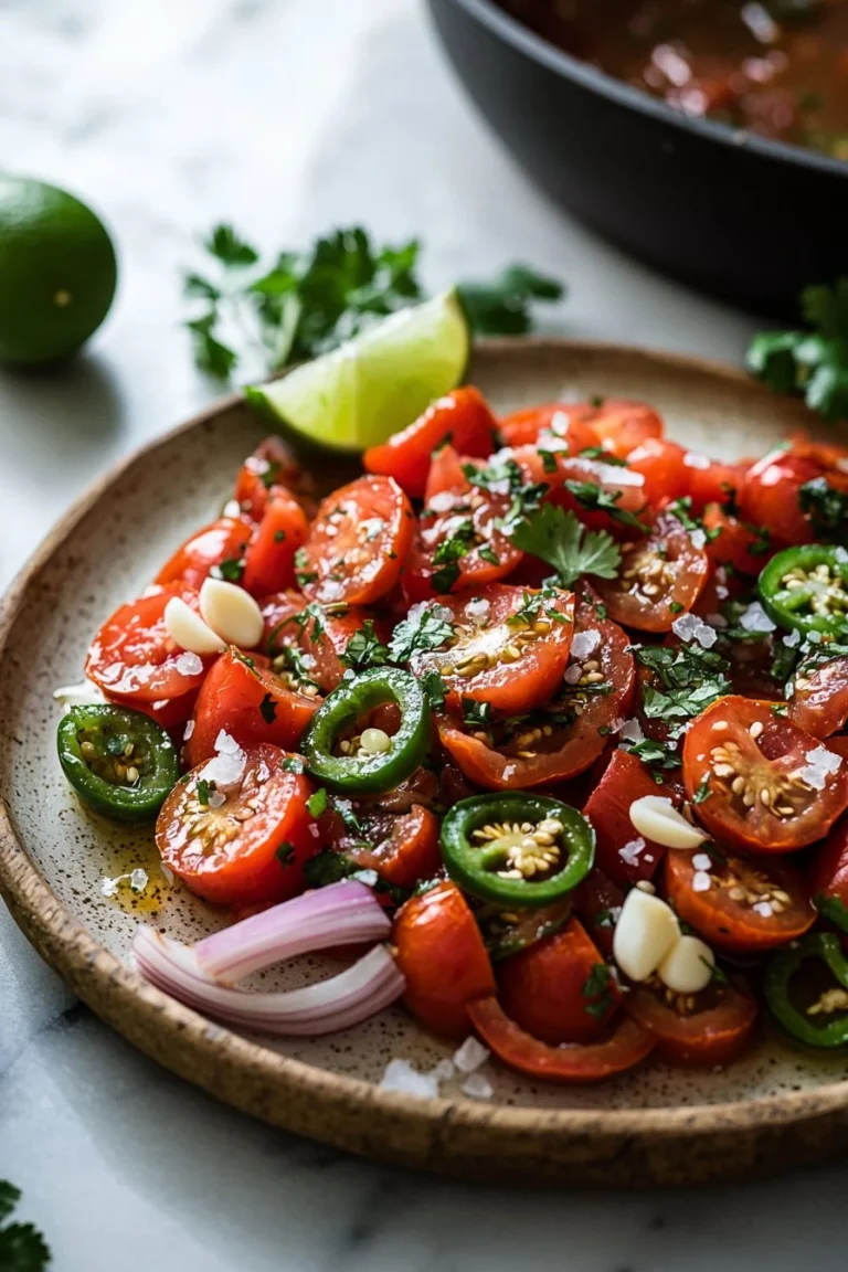 Frisch geröstete Salsa in einer bunten Schale mit Kräutern und Gewürzen.