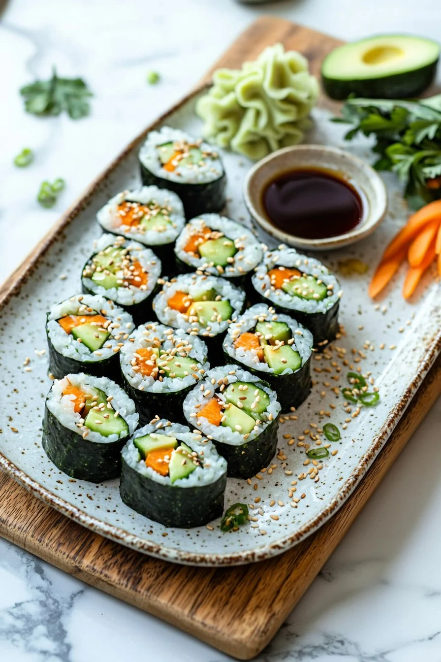 Frische Gurken-Sushi-Rollen mit Gemüse und Reis auf einem Teller.