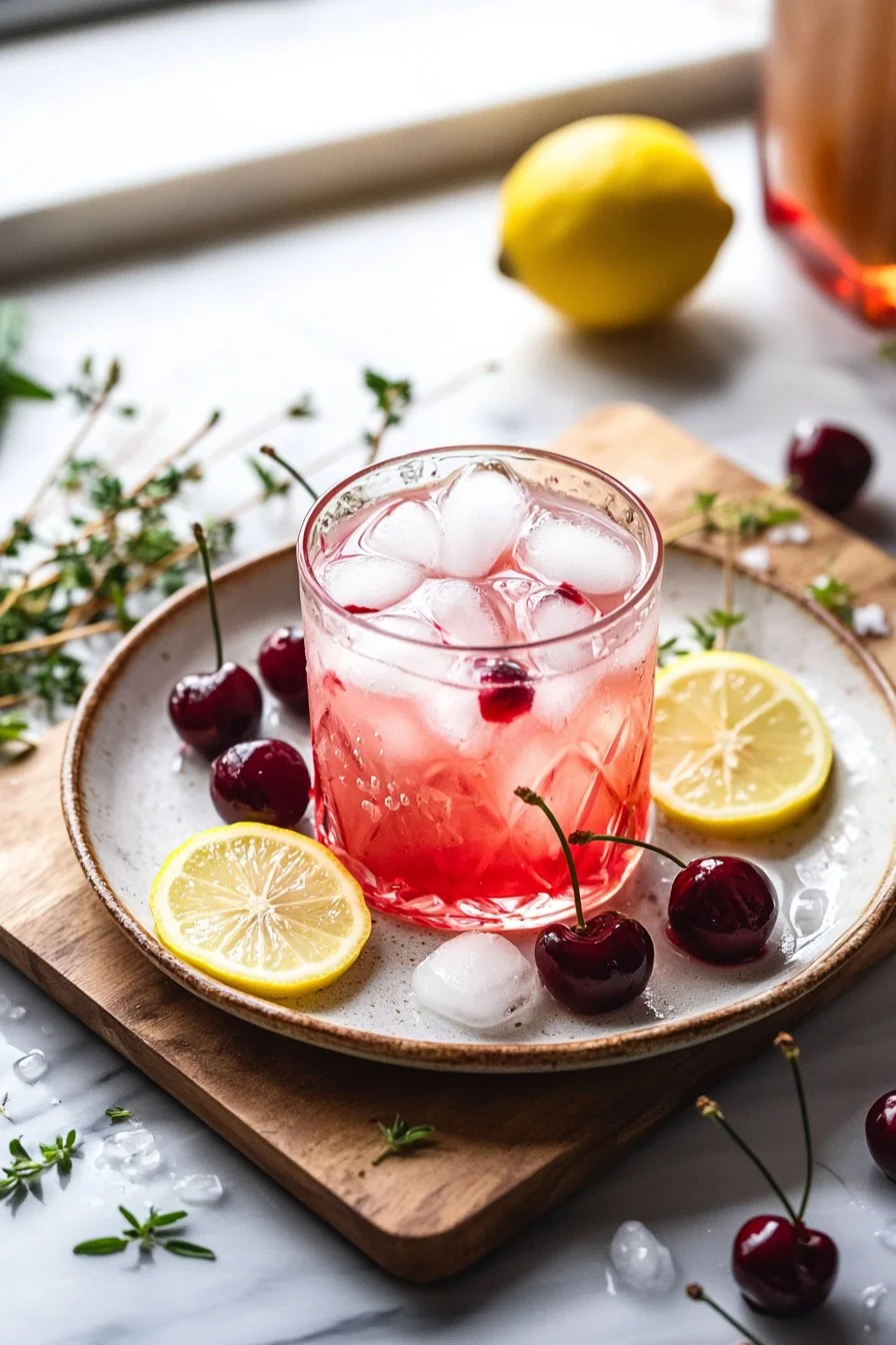 Erfrischende Frische Kirschlimonade in einem Glas mit Kirschen und Minze