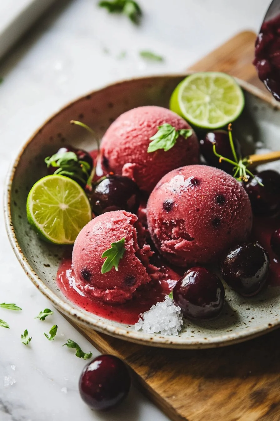 Frischer Kirschsorbet aus saftigen Kirschen serviert in einer schönen Schale