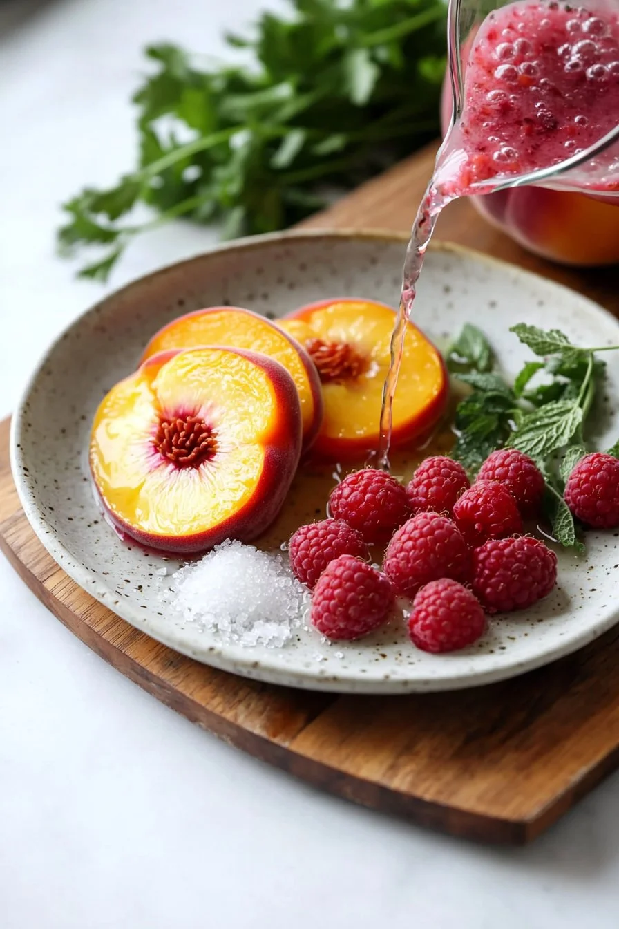 Erfrischender Pfirsich-Himbeer-Saft in einem Glas, umgeben von frischen Früchten.