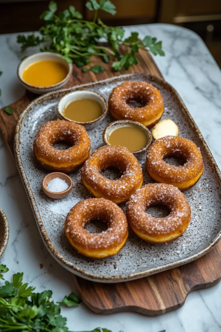 Gebackene Kürbisgewürz-Donuts mit Zuckerglasur auf einem rustikalen Holzbrett