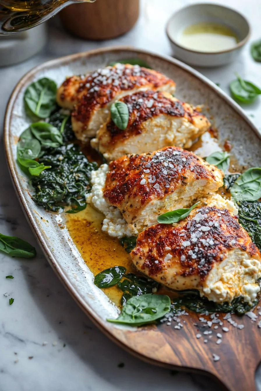 Gebackenes Ricotta-Hühnchen auf einem Teller dekoriert mit frischen Kräutern.