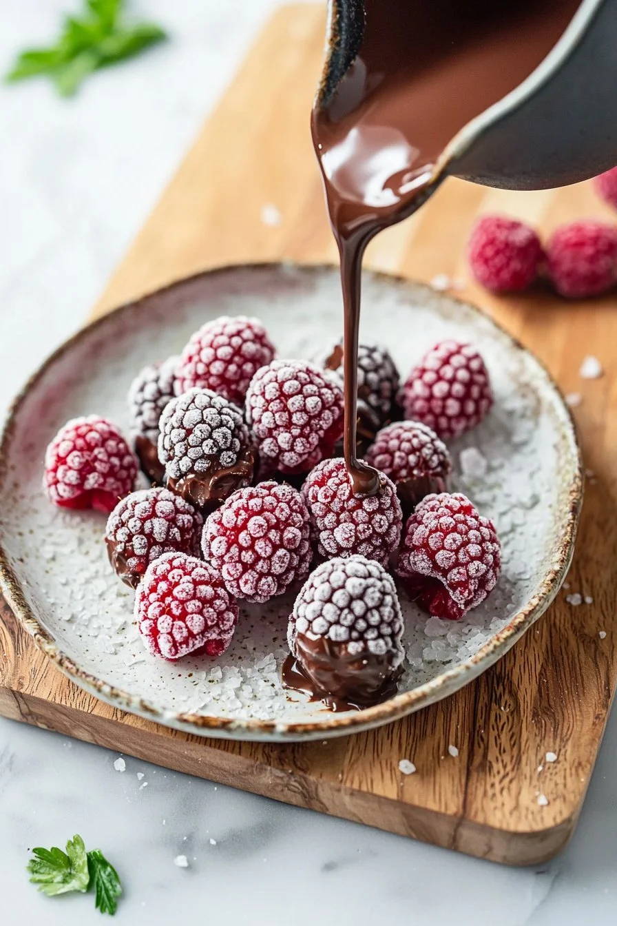 Gefrorene Schokoladenhimbeeren auf einem Teller dekoriert
