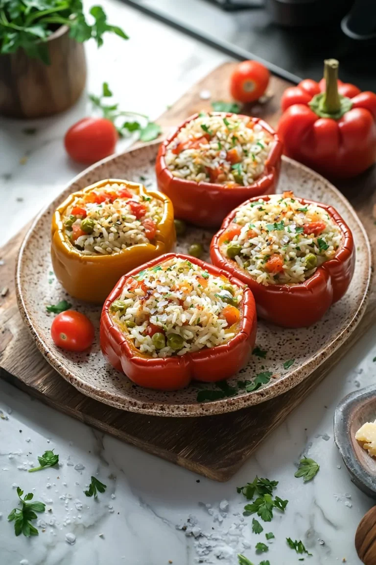 Gefüllte Paprika mit Reis und Gemüse auf einem Teller angerichtet