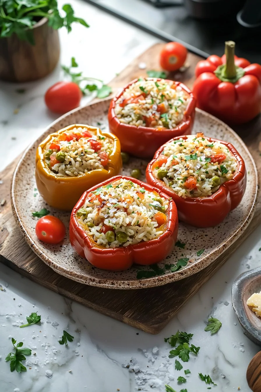 Gefüllte Paprika mit Reis und Gemüse auf einem Teller angerichtet