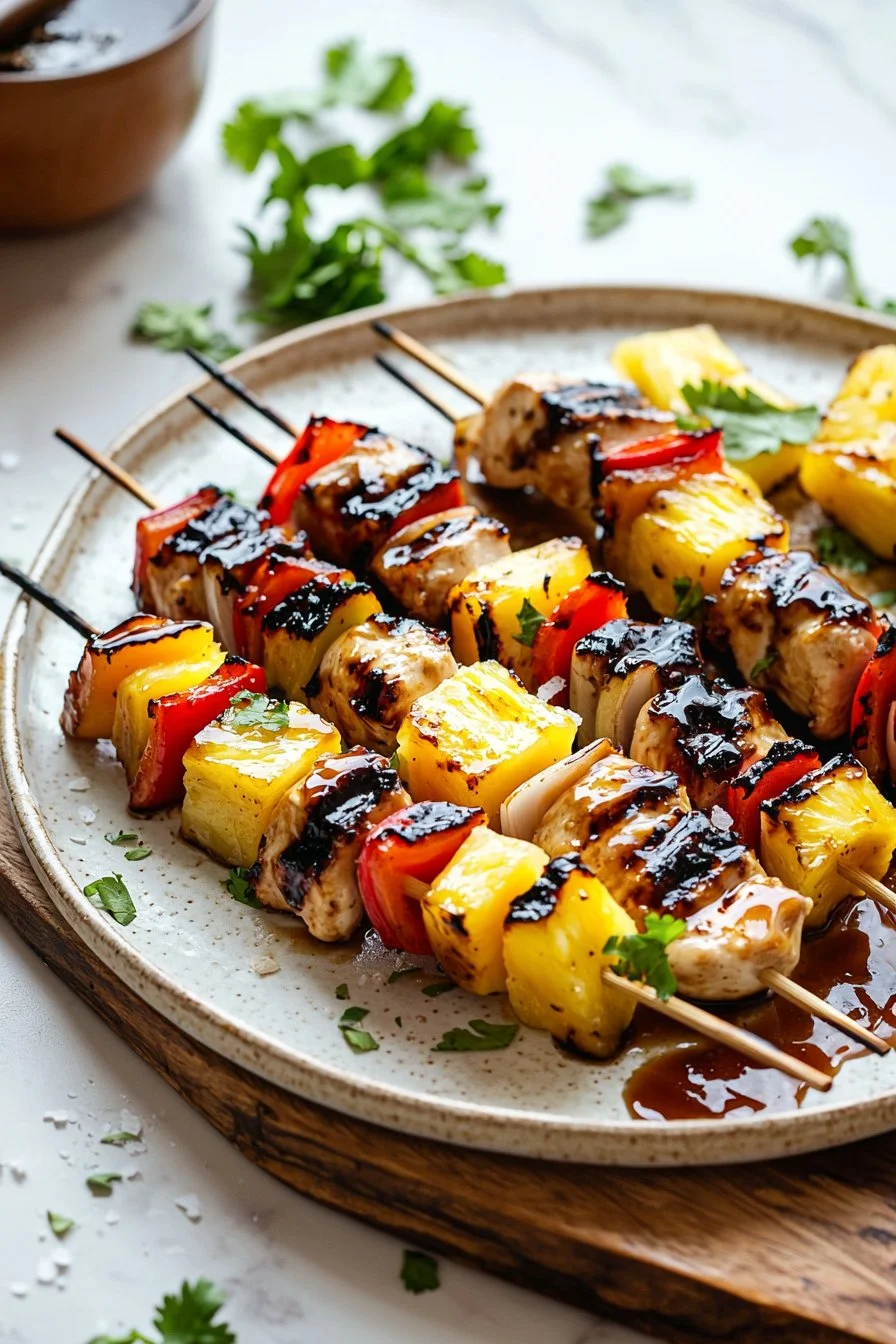 Gegrillte Ananas und Teriyaki Hähnchen-Kabobs auf dem Grill.