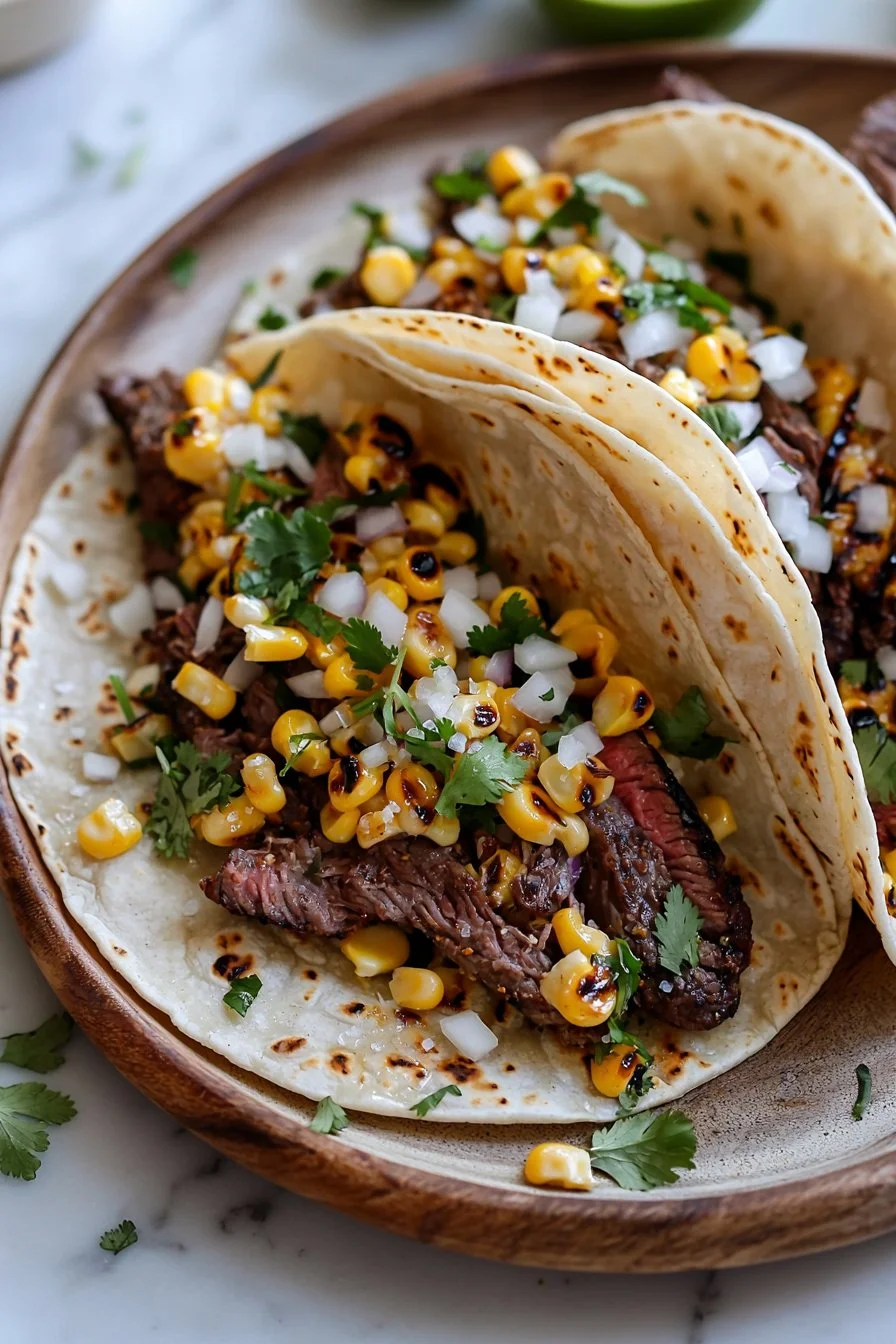 Gegrillte Straßenmaisküensteaks-Tacos mit frischem Gemüse und Dressing
