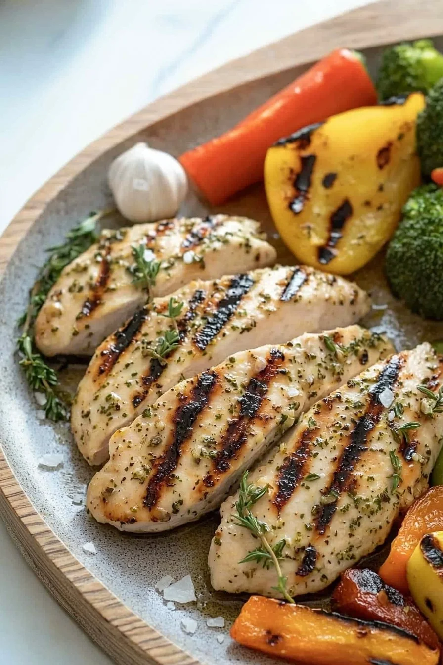Gegrilltes Knoblauch- und Kräuter-Hähnchen mit buntem Gemüse auf dem Grill.
