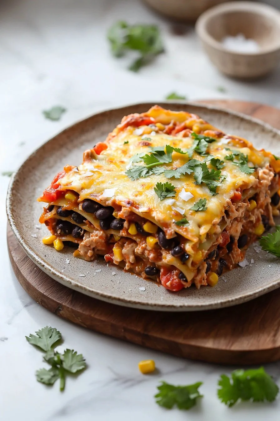 Vegetarische mexikanische Lasagne mit frischem Gemüse und würzigen Schichten.