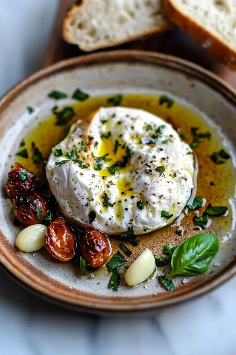 Gebackener Burrata-Aperitif serviert mit frischen Kräutern und Baguette