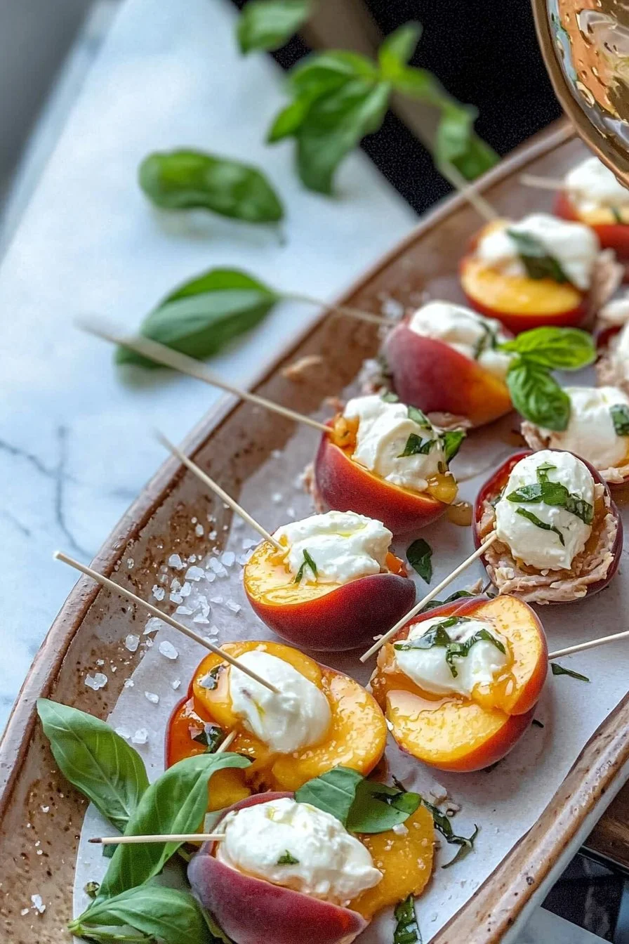 Geräucherte Truthahn-Pfirsich-Mozzarella Häppchen für leckere Snacks.
