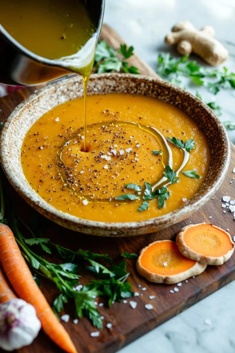 Geröstete Butternusskürbis-Möhren-Ingwer-Suppe in einer Schüssel.