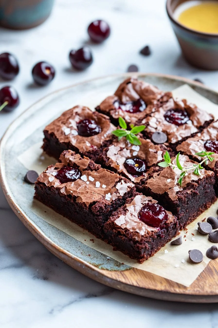 Geröstete Kirschen Brownies auf einem Teller, verziert mit frischen Kirschen.