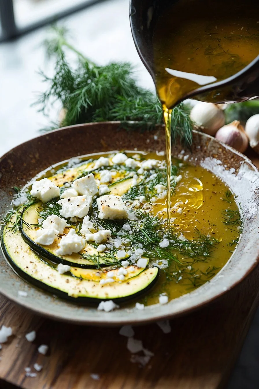 Schüssel mit gerösteter Zucchini-Suppe, Feta und frischem Dill