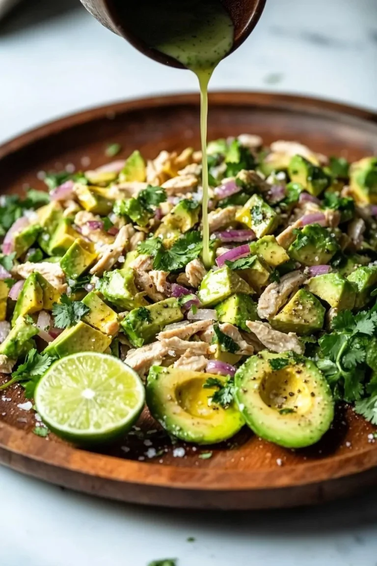 Gesunder Avocado-Hühnchen-Salat mit frischem Gemüse und Dressing.