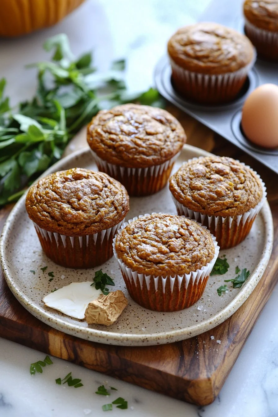Gesunde Kürbismuffins auf einem Holzbrett mit Kürbiskernen und Zimt