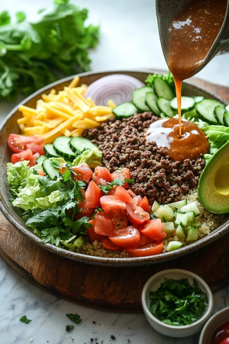 Gesunde Burger Bowl mit frischen Zutaten und köstlichen Toppings
