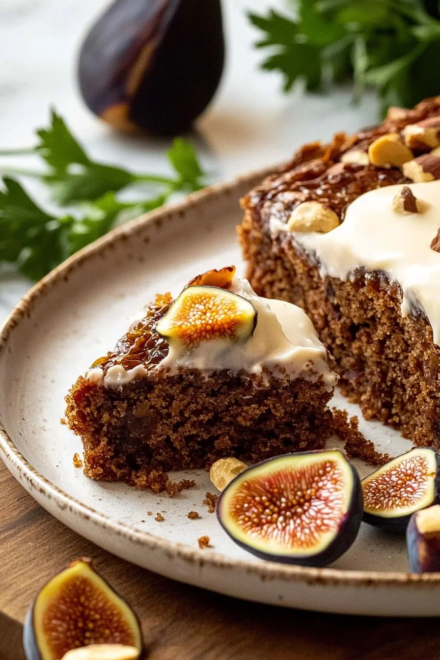 Geschnittener gewürzter Feigen-Haselnuss-Kuchen auf einem Teller