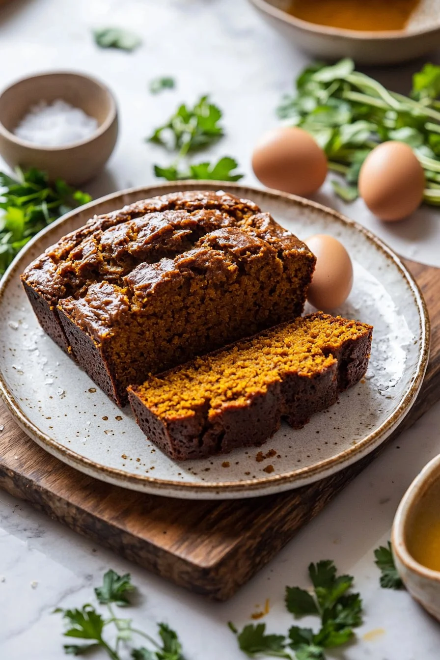 Glutenfreies Kürbisbrot frisch gebacken mit Kürbis und Gewürzen.