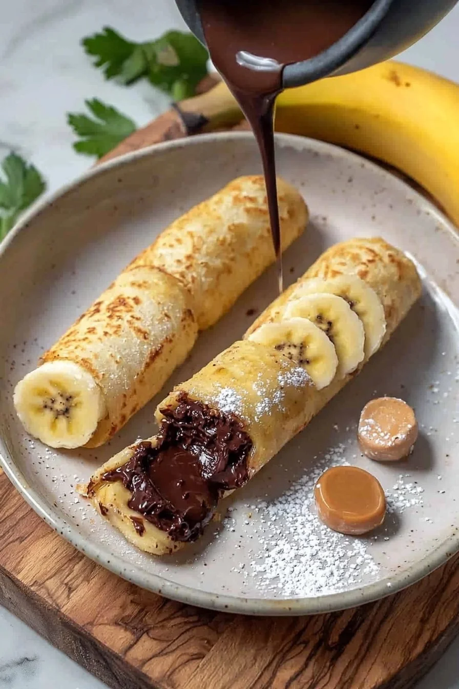 Goldene Bananenrollen gefüllt mit Schokolade auf einem Teller