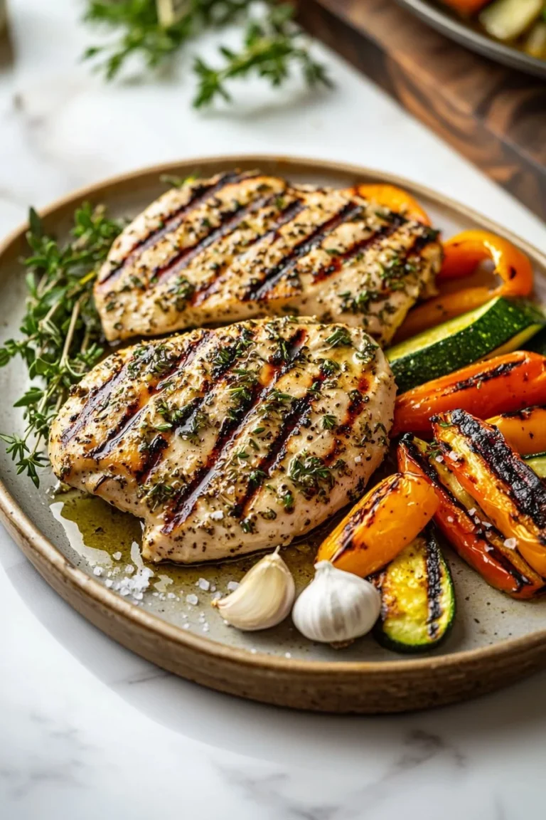 Gegrilltes Hähnchen mit Knoblauch und Kräutern, serviert mit frischem Gemüse.