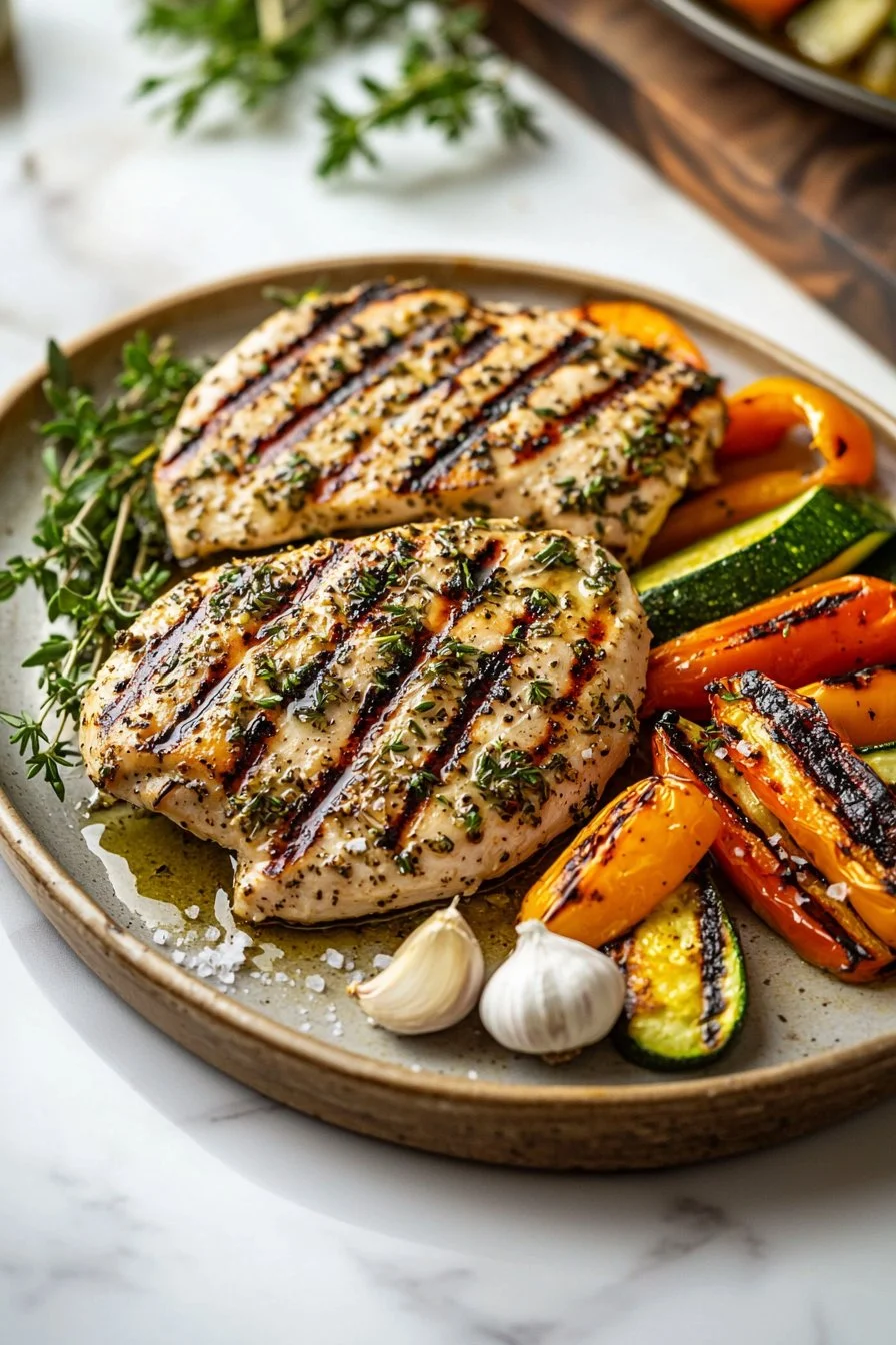 Gegrilltes Hähnchen mit Knoblauch und Kräutern, serviert mit frischem Gemüse.